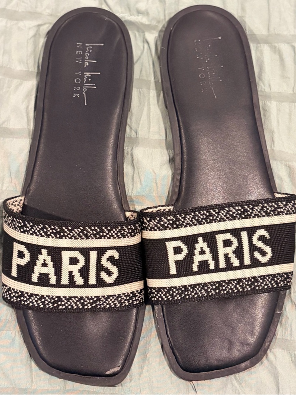Nicole Miller Black and Cream 'PARIS' Woven Slide Sandals